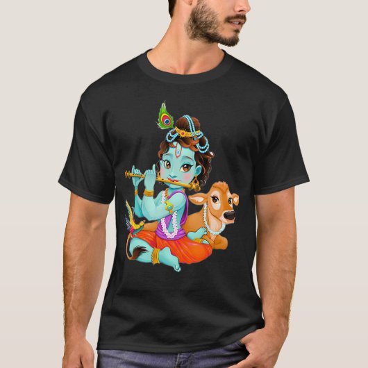 ヒンドゥー教の神シュリ・クリシュナ卿と牛と鳥 Tシャツ (正面)