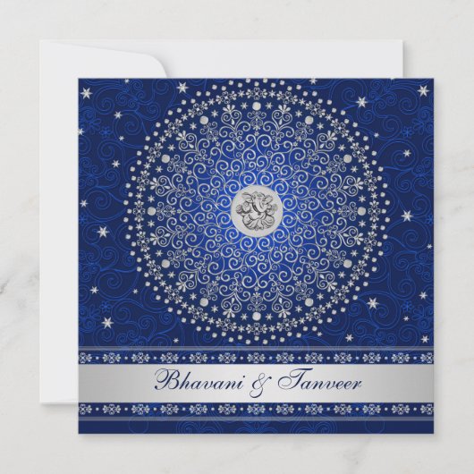 ヒンドゥー教ガネッシュ・ブルー・シルバースクロール結婚式の招待 招待状 (正面)