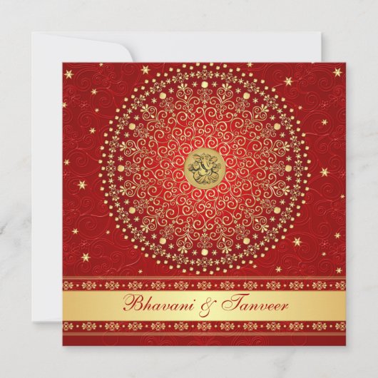 ヒンドゥー·ガネシュ·レッド、金ゴールド·スクロールズ·ウェディング·インビティ 招待状 (正面)