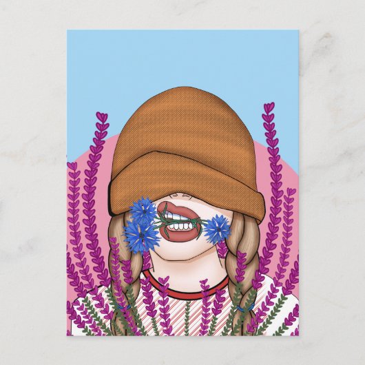 ヒーおもしろいザー畑にトウモロコシの花を持つ少女 ポストカード (正面)
