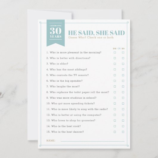 ヒーセッド、シーセッドパーティゲーム（完全にカスタマイズ可能） 招待状 (正面)