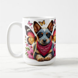 ヒーラー子犬、蝶と花に囲まれて コーヒーマグカップ