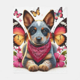 ヒーラー子犬、蝶と花に囲まれて フリースブランケット