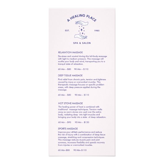 ヒーリングハンズマッサージスパ価格表メニュー ラックカード (正面)