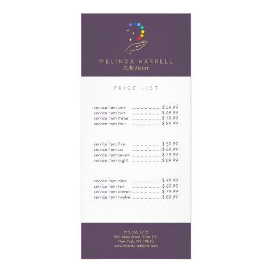 ヒーリングハンドロゴ霊気、マッサージ、ウェルネスパープル ラックカード (正面)