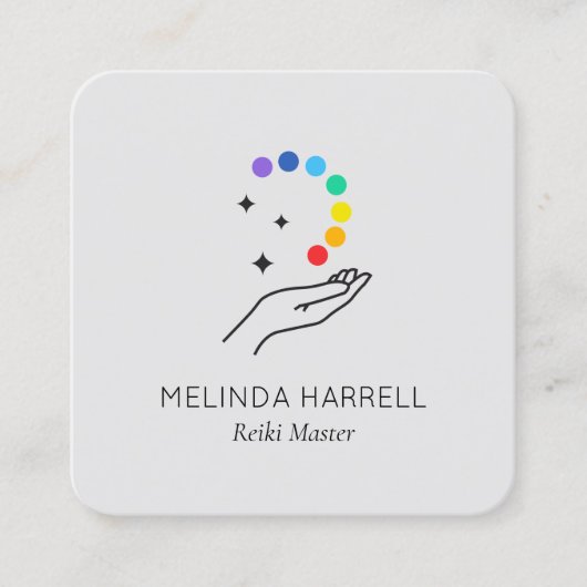 ヒーリングハンドロゴ霊気、マッサージ、ウェルネスLtグレー スクエア名刺 (正面)
