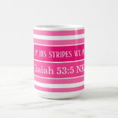 ヒーリングバイブル聖句ピンクと白のストライプのイニシャル コーヒーマグカップ (中央)