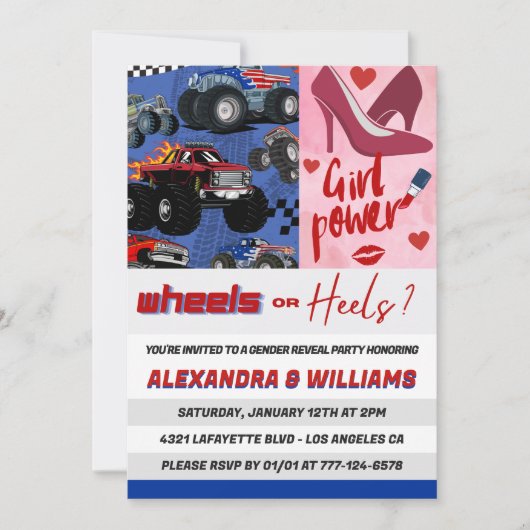ヒールまたはホイールの性別が招待ピンクの青を明らかにする 招待状 (正面)