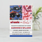 ヒールまたはホイールの性別が招待ピンクの青を明らかにする 招待状 (スタンド正面)