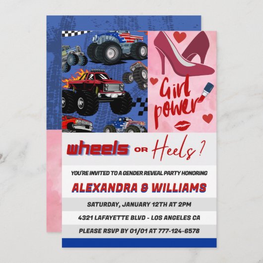 ヒールまたはホイールの性別が招待ピンクの青を明らかにする 招待状 (正面/裏面)