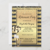 ヒール、ガラス、バルーン、金ゴールドストライプ退職パーティー 招待状 (正面)