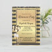 ヒール、ガラス、バルーン、金ゴールドストライプ退職パーティー 招待状 (スタンド正面)