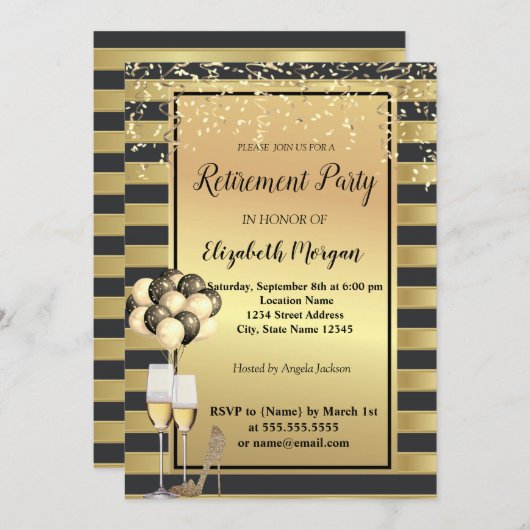 ヒール、ガラス、バルーン、金ゴールドストライプ退職パーティー 招待状 (正面/裏面)