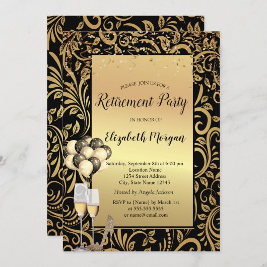 ヒール,バルーン,金ゴールド旋回リタイアメントパーティー 招待状 (正面/裏面)