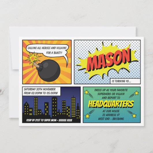 ヒーローすごいとヴィランの子供の誕生日パーティー 招待状 (正面)