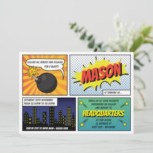 ヒーローすごいとヴィランの子供の誕生日パーティー 招待状 (スタンド正面)