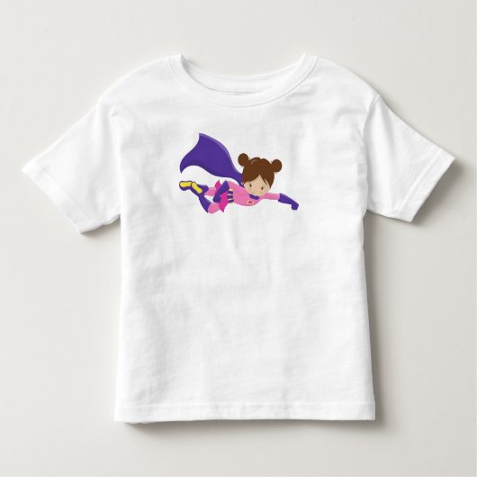 ヒーローガール、茶色の髪、紫のマント、かわいいガール トドラーTシャツ (正面)