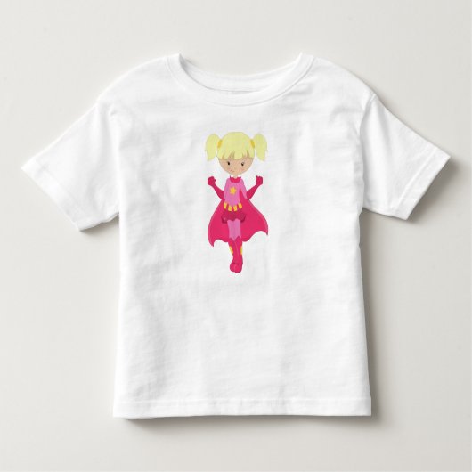 ヒーローガール、金髪、ピンクのマント、かわいい女の子 トドラーTシャツ (正面)