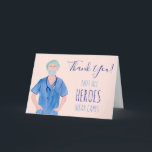 ヒーローズナースイラストレーションブルー感謝していピンクユー カード<br><div class="desc">すべてのヒーロー衣服のキャップは、ナース、医師と医療チームに感謝を示すスクラブのイラストレーションの聴診器サンキューカードで編集可能赤面ピンク</div>