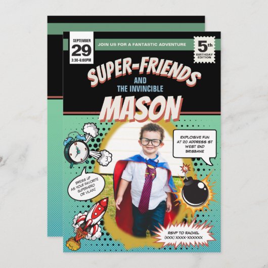 ヒーローパーティー招待状コミックブックカバースタイル 招待状 (正面/裏面)