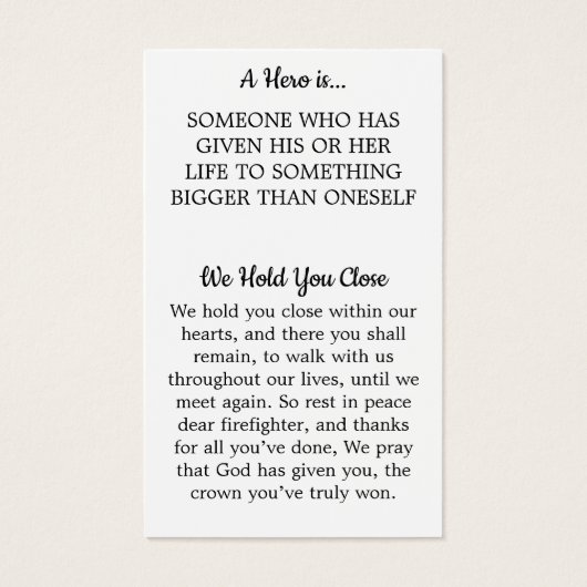 ヒーローファイアーファイターメモリアル祈りの言葉カード (裏面)