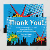 ヒーロー漫画の少年、バースデーパーティーに感謝! サンキューカード (正面/裏面)