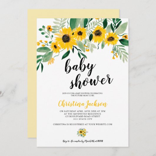 ヒ素朴マワリフローラ水色ベビーシャワー 招待状 (正面/裏面)