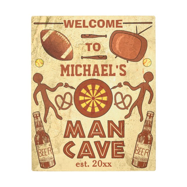 ビおもしろいールスポーツテレビ付き男性洞窟 |名前をカスタムする メタルプリント (正面)