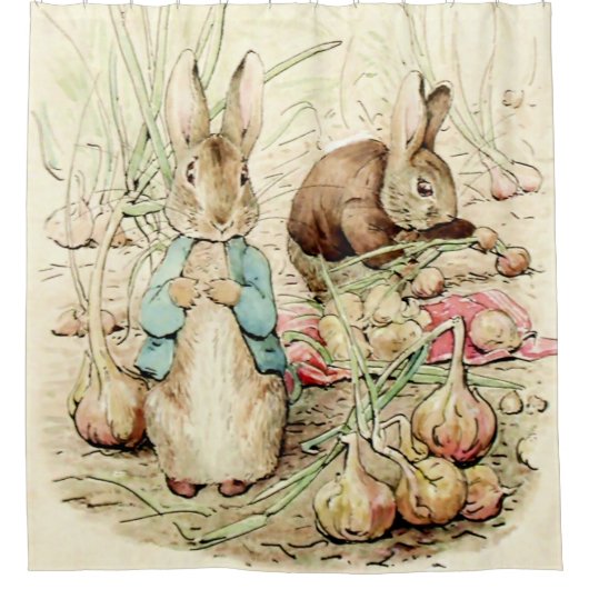 ビアトリクス・ポターによるピーターとベンジャミンの玉ねぎ集め シャワーカーテン (正面)