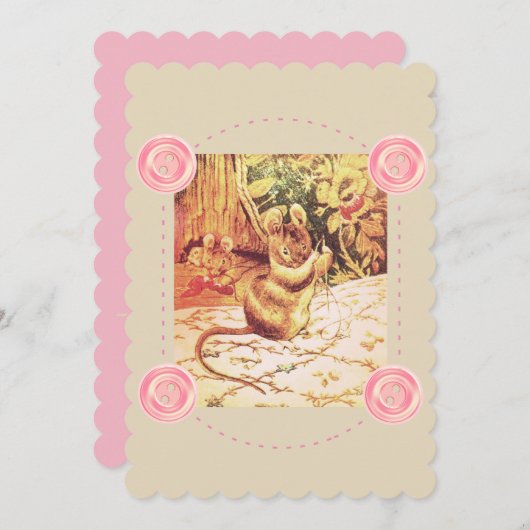 ビアトリックスポッターマウスかわいいヴィンテージ裁縫ピンク 招待状 (正面/裏面)