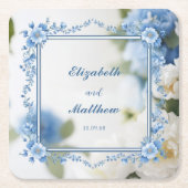 ビウエエレガントとホワイトオーバーレイの花結婚の数 スクエアペーパーコースター (正面)