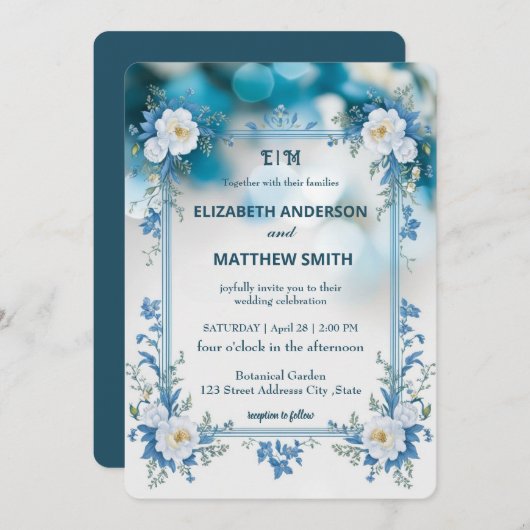 ビウエエレガントとホワイトオーバーレイの花結婚の数 招待状 (正面/裏面)