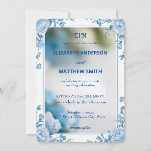 ビウエモダンとホワイトオーバーレイの花結婚の数 招待状 (正面)