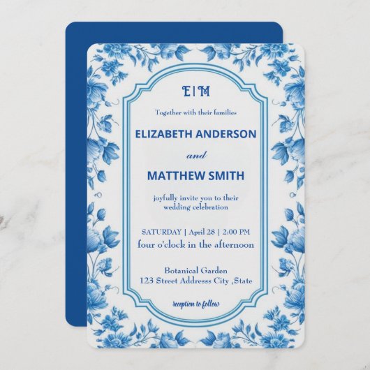 ビウエモダンとホワイトオーバーレイの花結婚の数 招待状 (正面/裏面)