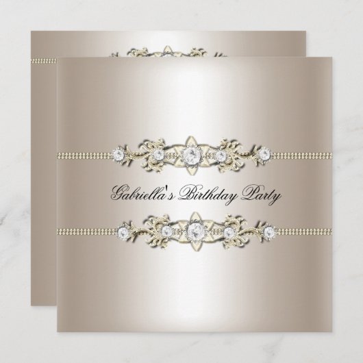 ビエゲエレガントクリーム金ゴールドバースデーパーティードジュエル 招待状 (正面/裏面)