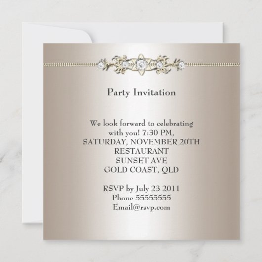 ビエゲエレガントクリーム金ゴールドバースデーパーティードジュエル 招待状 (裏面)