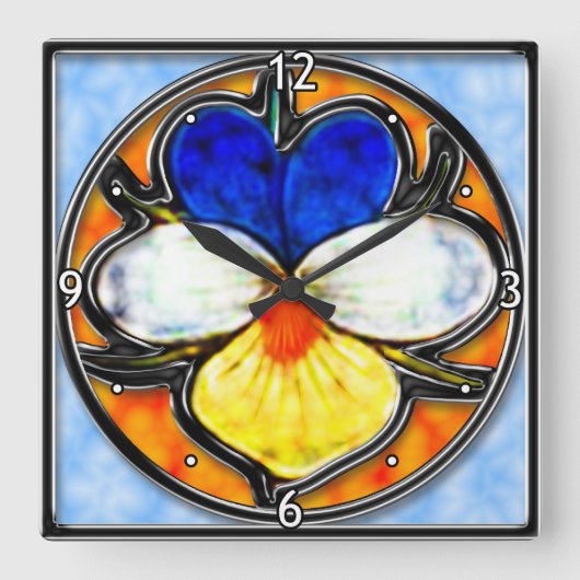 ビオラのステンドグラス スクエア壁時計 (正面)