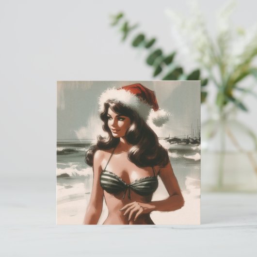 ビキニとサンタ帽のレトロなピンナップガール ヴィンテージクリスマスカード シーズンカード (スタンド正面)
