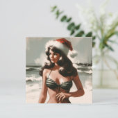 ビキニとサンタ帽のレトロなピンナップガール ヴィンテージ シーズンカード (スタンド正面)