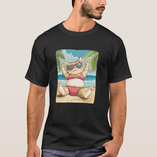 ビキニに着替えたネコのコスプレで楽しい夏休みを Tシャツ (正面)