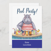 ビキニのヒポポタマスと一緒に過ごす7月4日のプールパーティー 招待状 (正面/裏面)