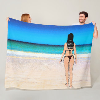 ビキニのビーチを着た女絵画の子 フリースブランケット