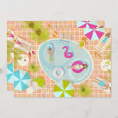 ビキニの女の子と男の子がプールのゲームを楽しむ 招待状 (正面/裏面)