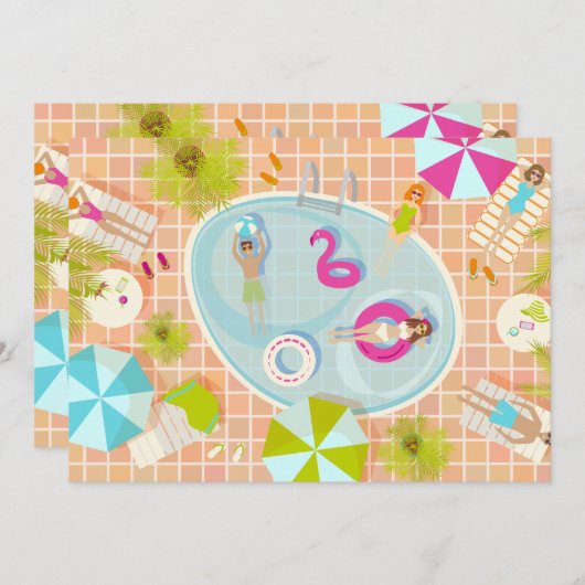 ビキニの女の子と男の子がプールのゲームを楽しむ 招待状 (正面/裏面)