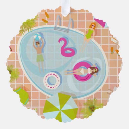 ビキニの女の子と男遊のスイミングプールゲーム オーナメントカード (裏面)