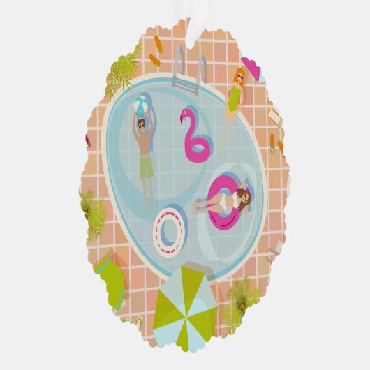 ビキニの女の子と男遊のスイミングプールゲーム オーナメントカード (右)