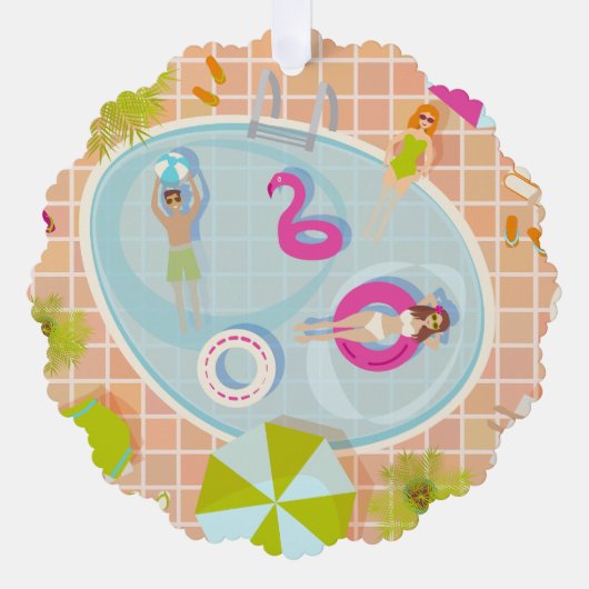 ビキニの女の子と男遊のスイミングプールゲーム オーナメントカード (正面)