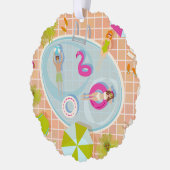 ビキニの女の子と男遊のスイミングプールゲーム オーナメントカード (左)