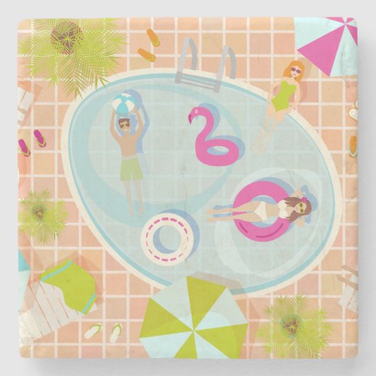 ビキニの女の子と男遊のスイミングプールゲーム ストーンコースター (正面)