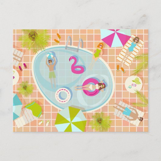 ビキニの女の子と男遊のスイミングプールゲーム ポストカード (正面)